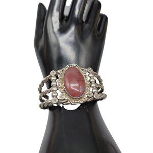 Agate Sterling Silver Open Cuff Bracelet Red Cabachon Detailed 925 Design SZ 6